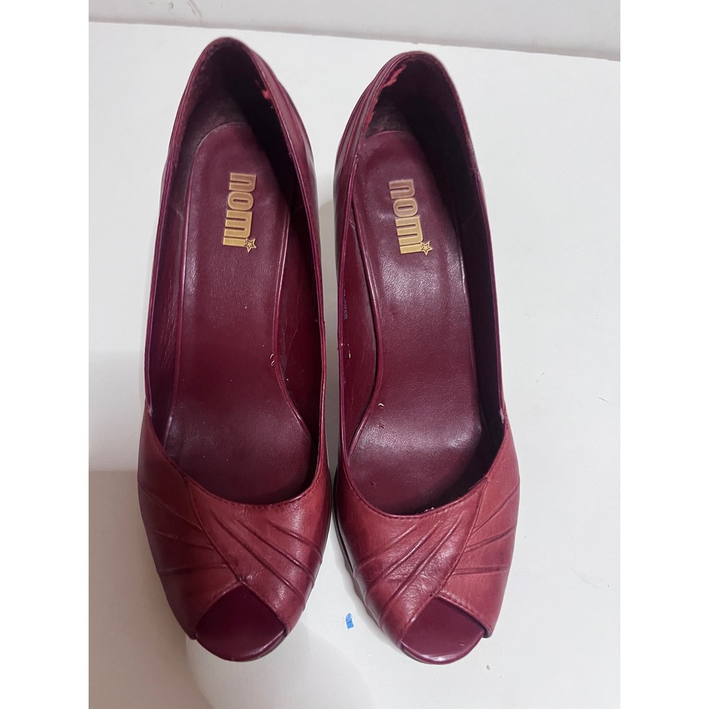 Nomi Women Burgundy Red Leather Peep Toe Pleated Pumps Stacked Heel Size 8M